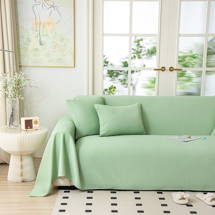 91家纺网 家纺一手货源 找家纺 沐沐家纺 2026新款冰豆豆华夫格沙发巾 绿色