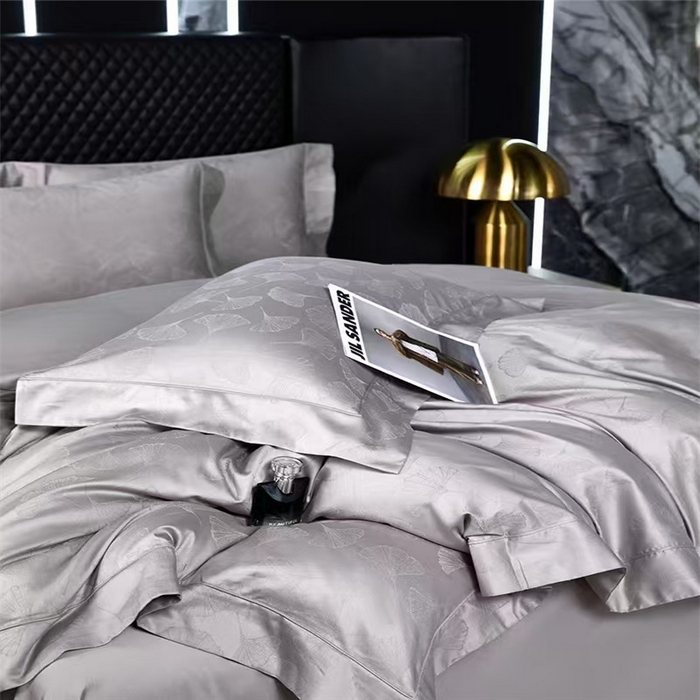 91家纺网 家纺一手货源 找家纺 优品阁 2024新款长绒棉贡缎提花--欧式轻奢提花系列叶叶情深-淡雅灰