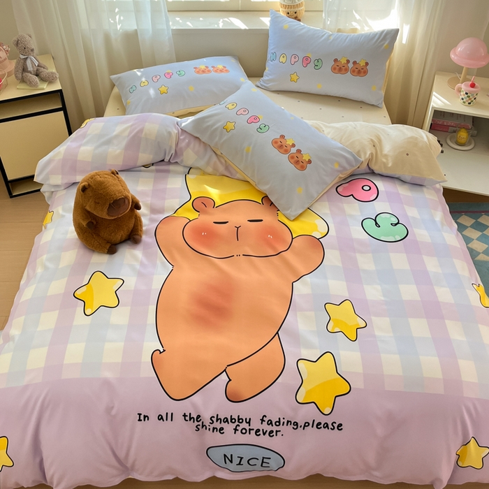 91家纺网 家纺一手货源 找家纺 博雅 2025新款全棉大版印花四件套-卡皮巴拉 星星卡皮巴拉