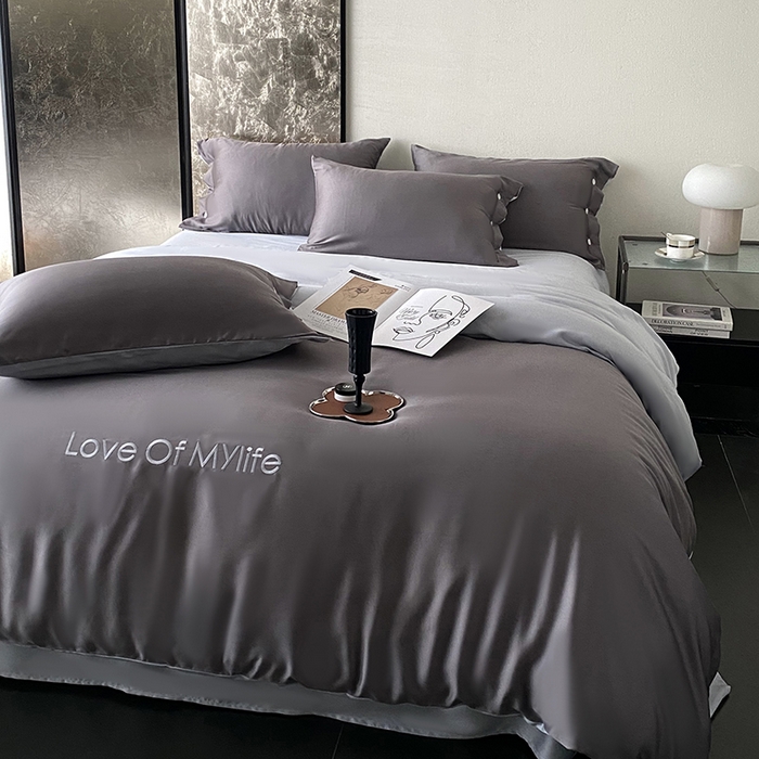 91家纺网 家纺一手货源 找家纺 优悦 2025新款冰丝印花刺绣双拼四件套-漫心 流光灰