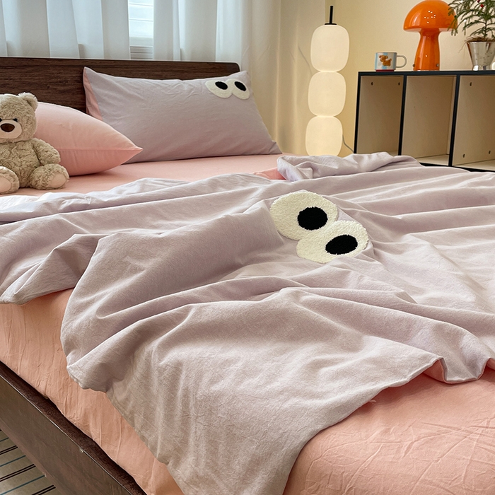 91家纺网 家纺一手货源 找家纺 桃心家居 2025新款云柔水洗棉毛巾绣大豆单夏被夏被四件套 水洗棉-大眼睛夏被葡萄粉桃