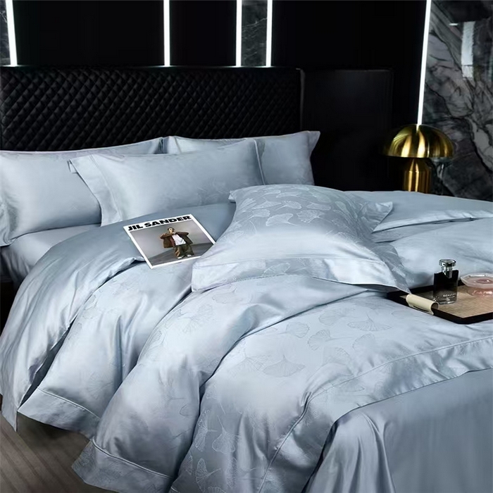 91家纺网 家纺一手货源 找家纺 优品阁 2024新款长绒棉贡缎提花--欧式轻奢提花系列叶叶情深-海洋蓝