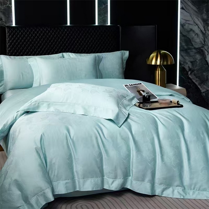 91家纺网 家纺一手货源 找家纺 优品阁 2024新款长绒棉贡缎提花--欧式轻奢提花系列叶叶情深-月光蓝