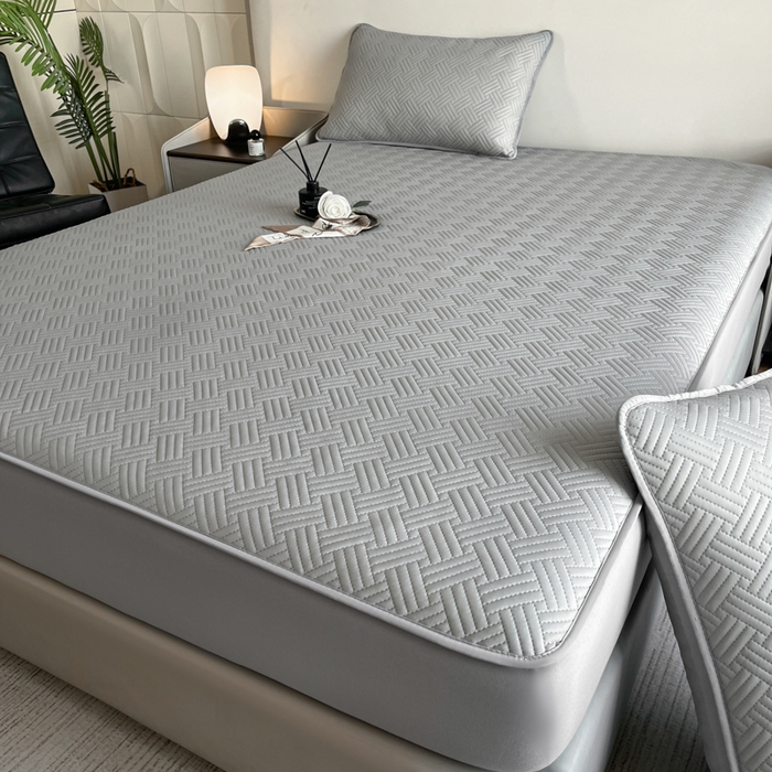 91家纺网 家纺一手货源 找家纺 梵克保罗 2025新款凉感丝床笠饼干系列凉席枕套 灰色