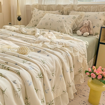 芯贝儿 2025新款提花针织水洗m双层纱夏被四件套 蝶舞绿