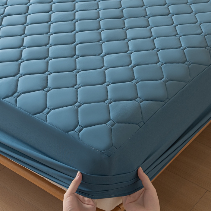 91家纺网 家纺一手货源 找家纺 梵克保罗 2025新款纯色加棉防水大豆纤维床笠 幽梦蓝