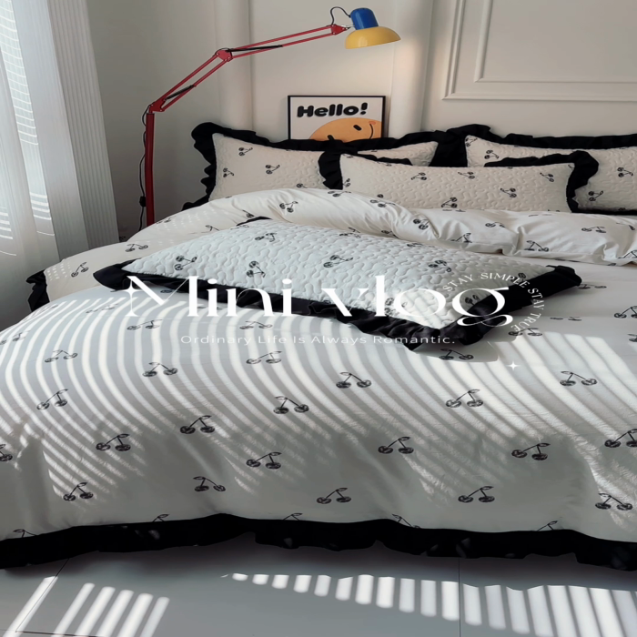 91家纺网 家纺一手货源 找家纺 蝶帕家纺 2025新款法式赫本风韩版花边水洗棉床盖四件套 美味樱桃