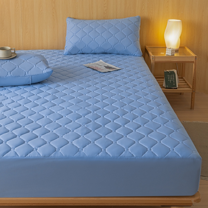 91家纺网 家纺一手货源 找家纺 梵克保罗 2025新款纯色加棉防水大豆纤维床笠 天蓝