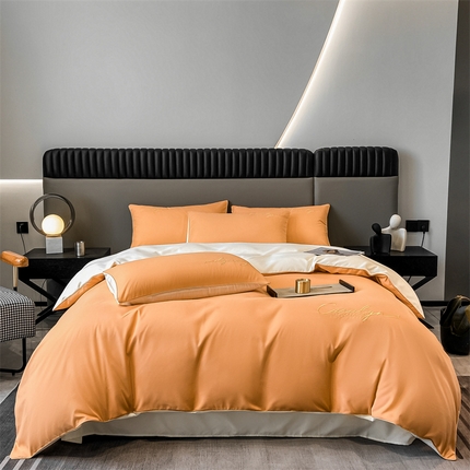 91家纺网 家纺一手货源 找家纺 2025新款水洗磨毛刺绣四件套-慕斯 南瓜橘+米黄