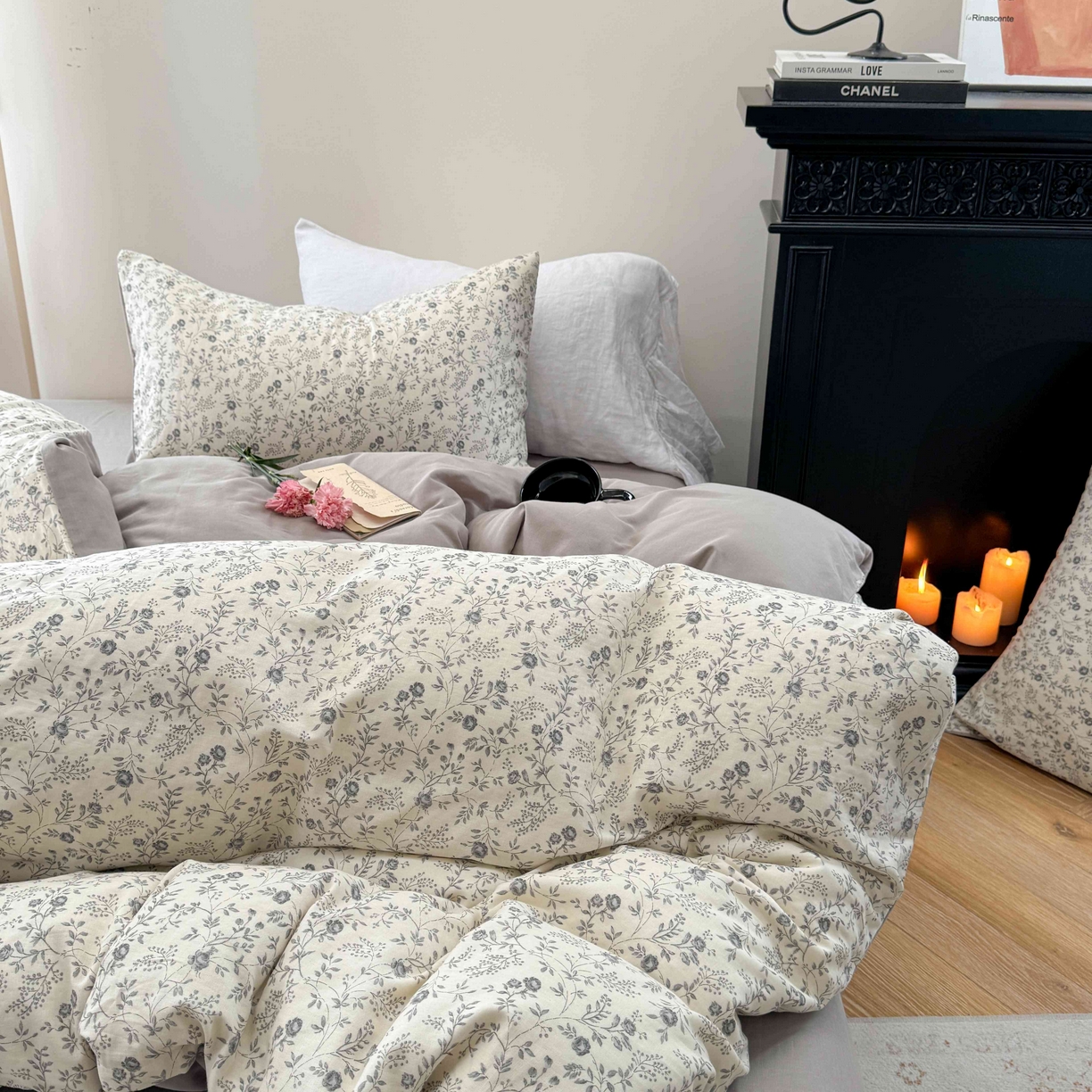 91家纺网 家纺一手货源 找家纺 时年家纺 2025春夏新款全棉纯棉有氧双层纱四件套-碎花系列 秋月白