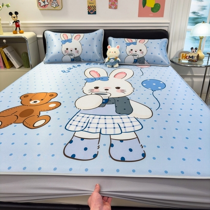 丝羽坊 2025新款大版印花冰丝凉席冰丝席碳光冰丝凉席-床笠款 奶茶兔