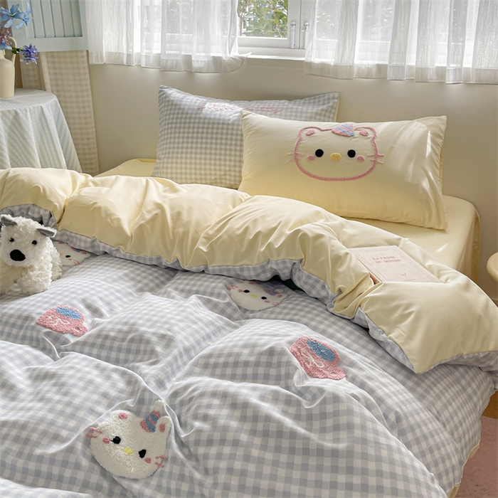 91家纺网 家纺一手货源 找家纺 星座家纺 2025新款水洗棉毛巾绣四件套 笑脸KT 蓝黄