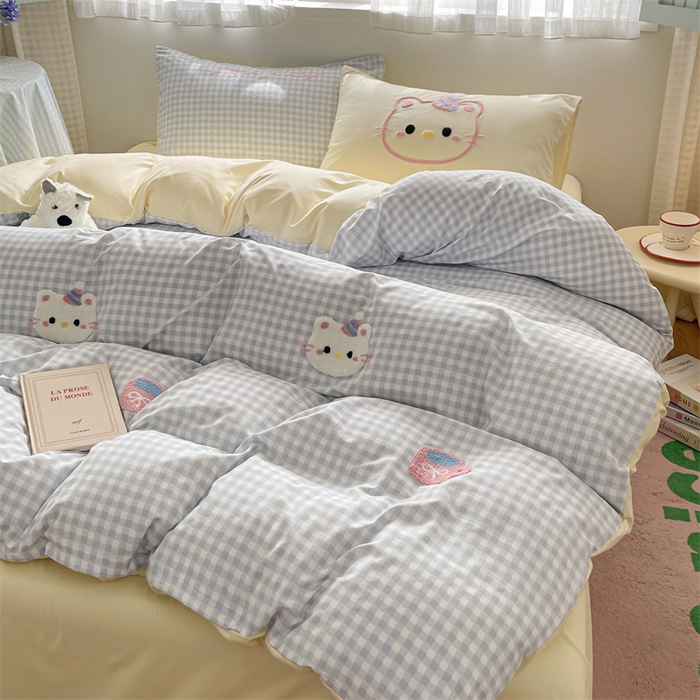 91家纺网 家纺一手货源 找家纺 星座家纺 2025新款水洗棉毛巾绣四件套 笑脸KT 蓝黄