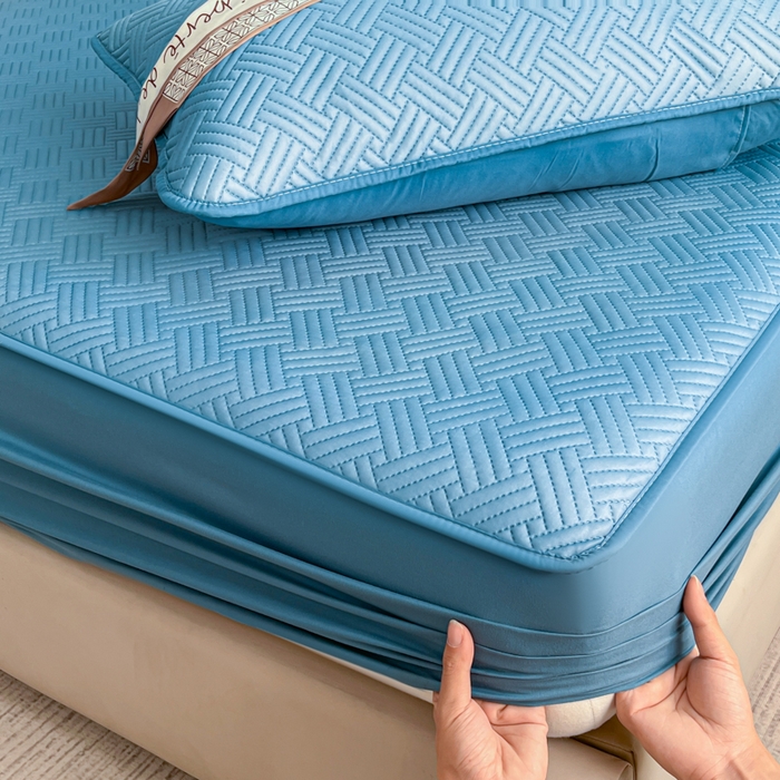 91家纺网 家纺一手货源 找家纺 梵克保罗 2025新款凉感丝床笠凉席三件套--饼干系列 蓝色