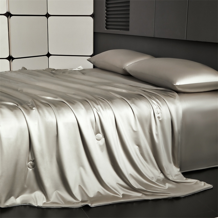 91家纺网 家纺一手货源 找家纺 雯豆家纺 2025夏季新品锦纶+氨纶高档冰丝凉感夏被空调被7A抗菌薄被芯 冰芙绸夏被-奢华槟