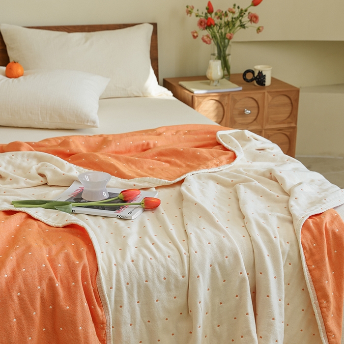 91家纺网 家纺一手货源 找家纺 雯雨2025新款A类全棉四层爱心刺绣纱布毛巾被 爱心白+橙色