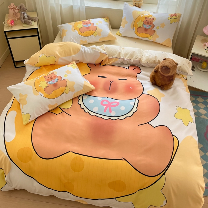 91家纺网 家纺一手货源 找家纺 博雅 2025新款全棉大版印花四件套-卡皮巴拉 晚安卡皮巴拉