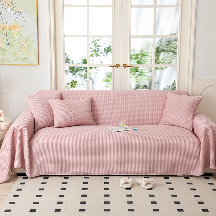 91家纺网 家纺一手货源 找家纺 沐沐家纺 2026新款冰豆豆华夫格沙发巾 粉色