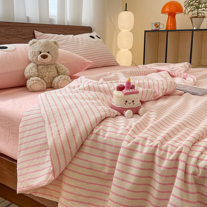 91家纺网 家纺一手货源 找家纺 桃心家居 2025新款云柔水洗棉毛巾绣大豆单夏被夏被四件套 水洗棉-大眼睛夏被粉条粉