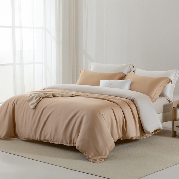 91家纺网 家纺一手货源 找家纺 121  2025新款60s支进口兰精天丝四件套-秋风QIUFENG系列（场景二） 薄暮咖