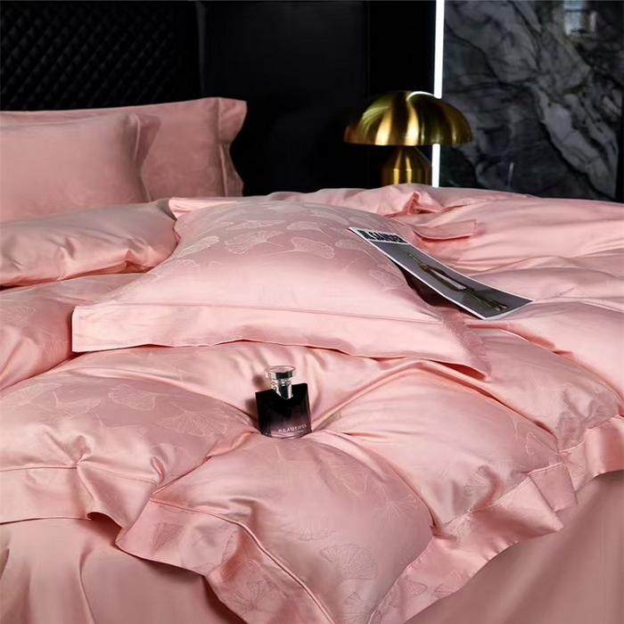 91家纺网 家纺一手货源 找家纺 优品阁 2024新款长绒棉贡缎提花--欧式轻奢提花系列叶叶情深-粉玉