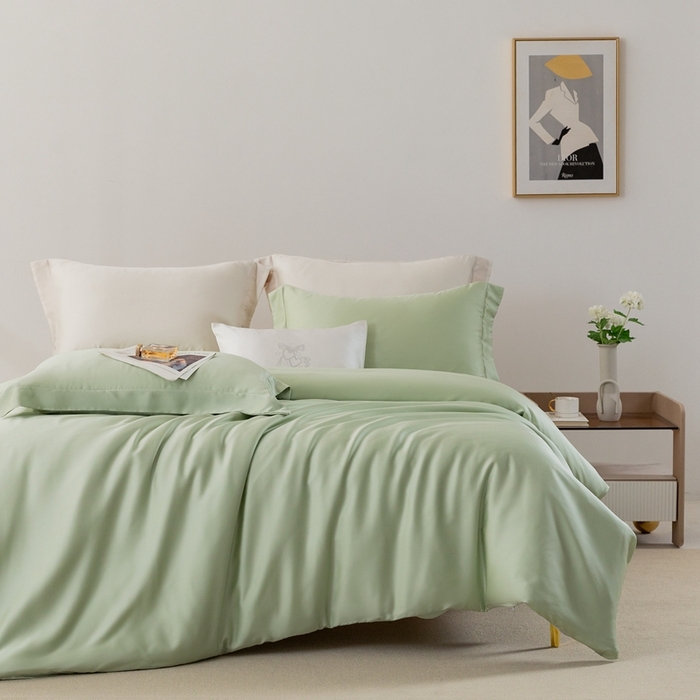 91家纺网 家纺一手货源 找家纺 121  2025新款60s支进口兰精天丝四件套-秋风QIUFENG系列（场景二） 多瑙绿