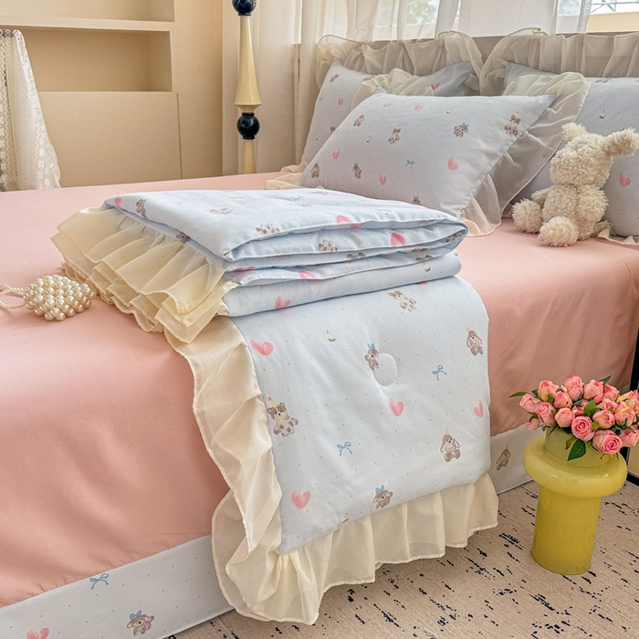 91家纺网 家纺一手货源 找家纺 芯贝儿 2025新款提花针织水洗m双层纱夏被四件套 萌宠