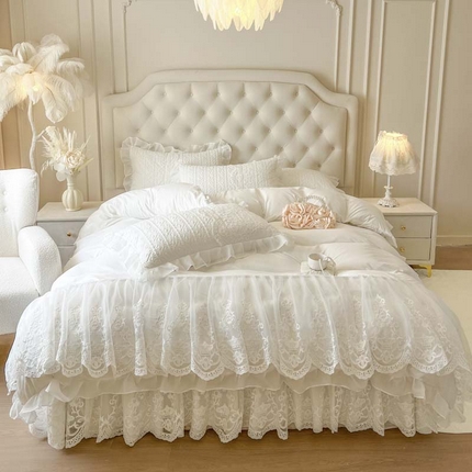 恋尚 2025新款木凉淳浪漫蕾丝床裙四件套-米朵 米朵-奶白