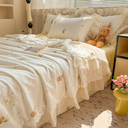 91家纺网 家纺一手货源 找家纺 芯贝儿 2025新款提花针织水洗m双层纱夏被四件套 气球小熊