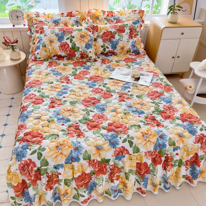 91家纺网 家纺一手货源 找家纺 2025新款全棉夹棉床裙 锦绣年华