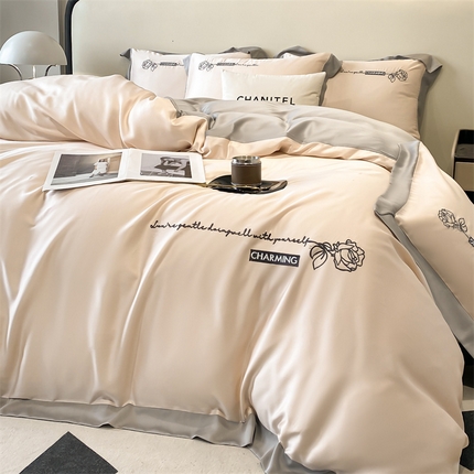 91家纺网 家纺一手货源 找家纺 2025春季新款亲肤水洗真丝刺绣四件套-罗伊莎 白桃-烟灰