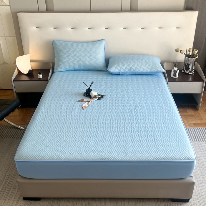 91家纺网 家纺一手货源 找家纺 梵克保罗 2025新款凉感丝床笠凉席三件套--饼干系列 天蓝