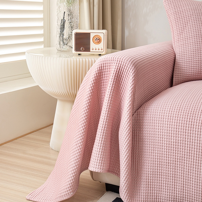 91家纺网 家纺一手货源 找家纺 沐沐家纺 2026新款冰豆豆华夫格沙发巾 粉色