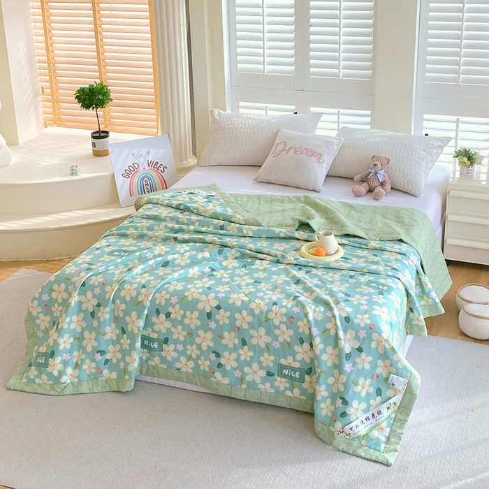 91家纺网 家纺一手货源 找家纺 （自己工厂 有网销大热款 网销帮推可合作优惠）2025新款全棉夏被空调被夏凉被纯棉夏季儿童棉花薄被子 花满城-绿