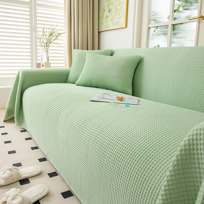 91家纺网 家纺一手货源 找家纺 沐沐家纺 2026新款冰豆豆华夫格沙发巾 绿色