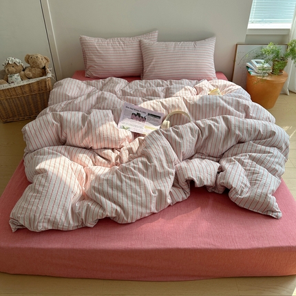 91家纺网 家纺一手货源 找家纺 艾咪-Amy ntmy 2025新款条纹款全棉色织水洗棉四件套 海岸红