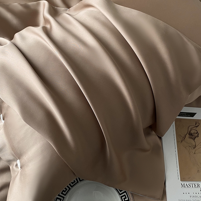 91家纺网 家纺一手货源 找家纺 优悦 2025新款冰丝印花刺绣双拼四件套-漫心 暮山棕