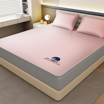 卡初家居（原微来） 2025新款条纹熊猫烫画系列冰丝席 条纹床笠-粉色