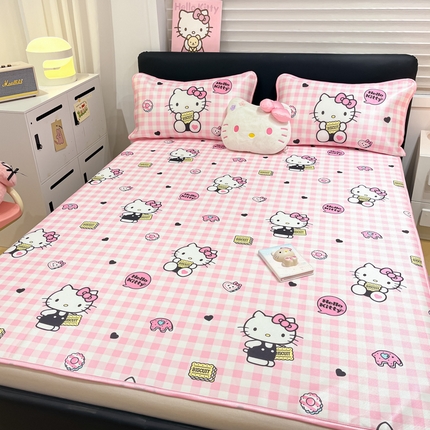 暮思家居 2025新款三丽鸥正版授权数码印花A类可机洗1200D冰丝凉席三件套平铺款系列 平铺款-粉格KT