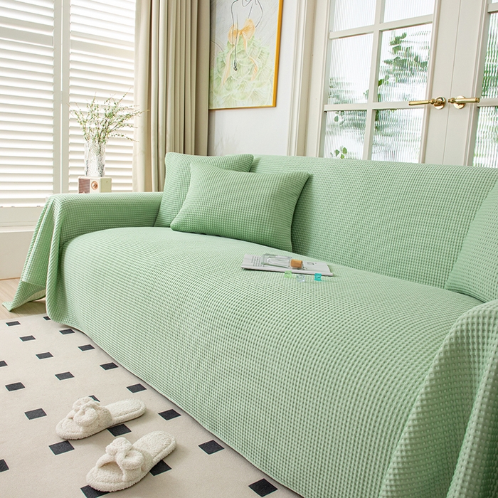 91家纺网 家纺一手货源 找家纺 沐沐家纺 2026新款冰豆豆华夫格沙发巾 绿色