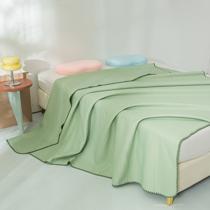 91家纺网 家纺一手货源 找家纺 柏薇2025新款A类华夫格400g凉感丝盖毯多功能双面用凉感夏凉被 双面纯凉感-橄榄绿