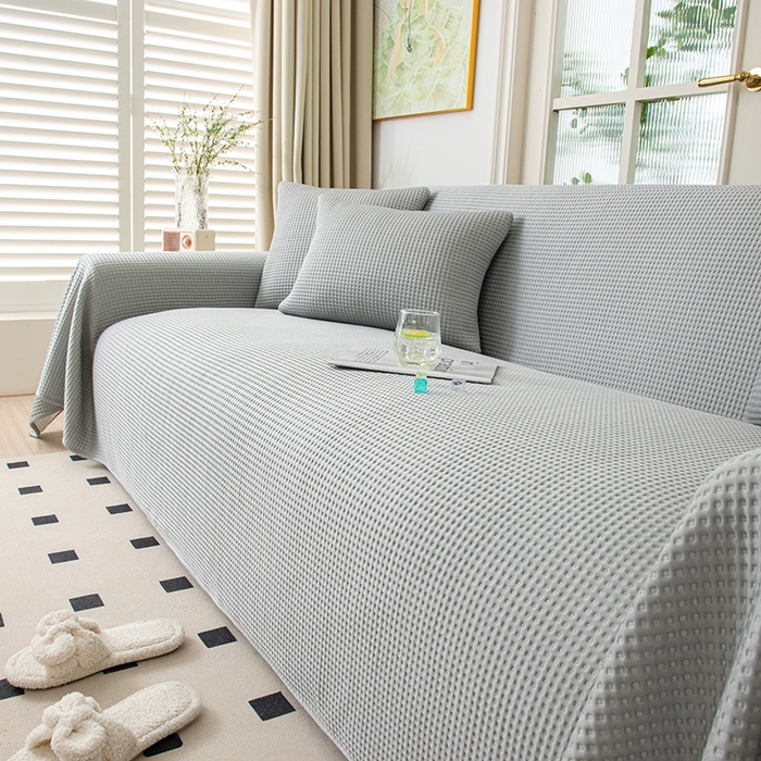 91家纺网 家纺一手货源 找家纺 沐沐家纺 2026新款冰豆豆华夫格沙发巾 灰色