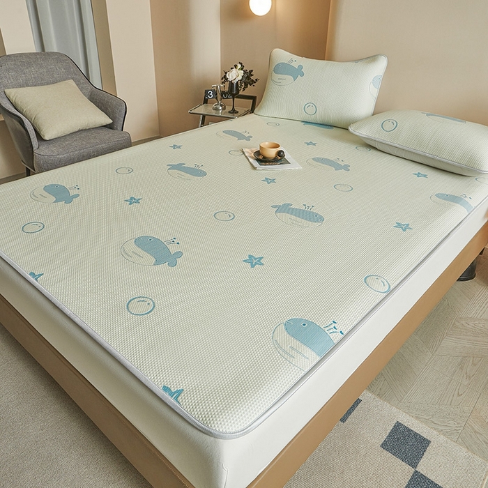 91家纺网 家纺一手货源 找家纺 柔品2025新款PE中分子凉感提花凉席系列 蓝鲸 奶绿-床席款