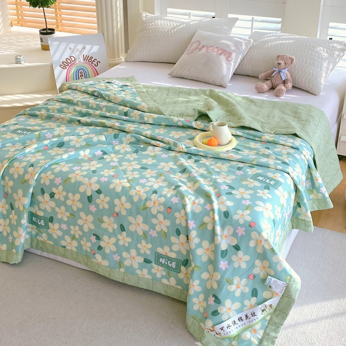 91家纺网 家纺一手货源 找家纺 （自己工厂 有网销大热款 网销帮推可合作优惠）2025新款全棉夏被空调被夏凉被纯棉夏季儿童棉花薄被子 花满城-绿