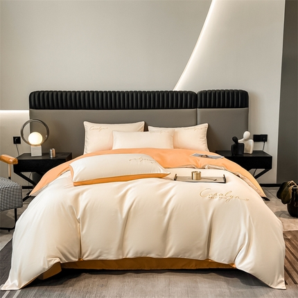 2025新款水洗磨毛刺绣四件套-慕斯 奶昔白+南瓜橘