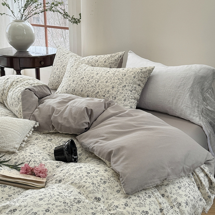 91家纺网 家纺一手货源 找家纺 时年家纺 2025新款全棉有氧双层纱四件套-碎花系列 秋月白