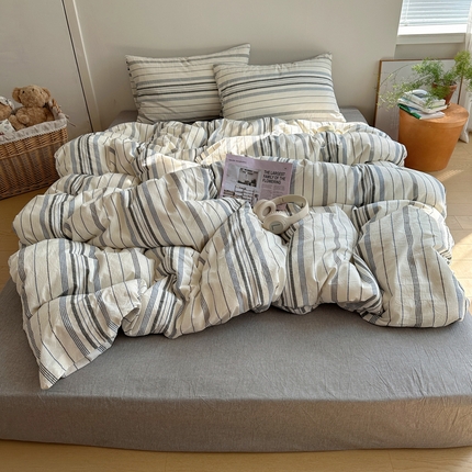 艾咪-Amy ntmy 2025新款条纹款全棉色织水洗棉四件套 漫悠蓝灰