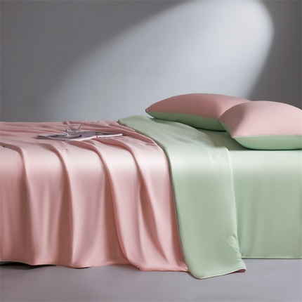 雯豆家纺 2025夏季新品7A抗菌100%锦纶冰丝凉感夏凉被纯色拼色高档薄被空调被 小冰皮-海棠粉+青柠绿