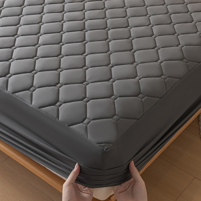 91家纺网 家纺一手货源 找家纺 梵克保罗 2025新款纯色加棉防水大豆纤维床笠 深灰