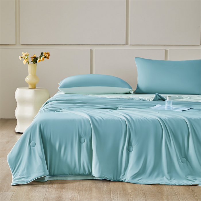 91家纺网 家纺一手货源 找家纺 雯豆家纺 2025夏季新品7A抗菌氨纶凉感丝夏凉被冰丝双人抑菌薄款透气薄被芯 冻冻凉感夏被-云天蓝+星云蓝